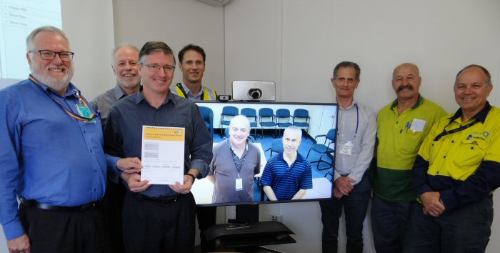 L-R Ross Bootes, Senior Process Safety Analyst at Worksafe with Paul Kennedy, Rob Berton, Nick Young, Paul Uhrig & Peter Grosskopf (Botany), Andre Olszewski, Ange Auciello and Daryl Sandford at the meeting with WorkSafe to provide feedback on the Safety Case